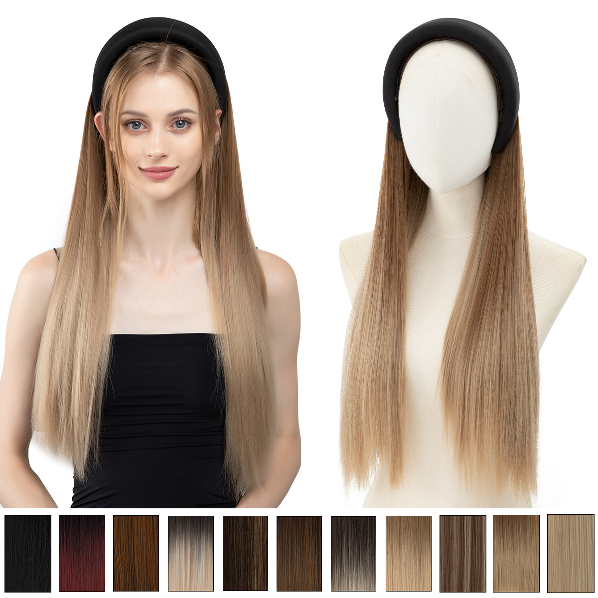 SARLA wig, long hair band wig for women, European and American export long straight hair band wig, one-piece head cover
