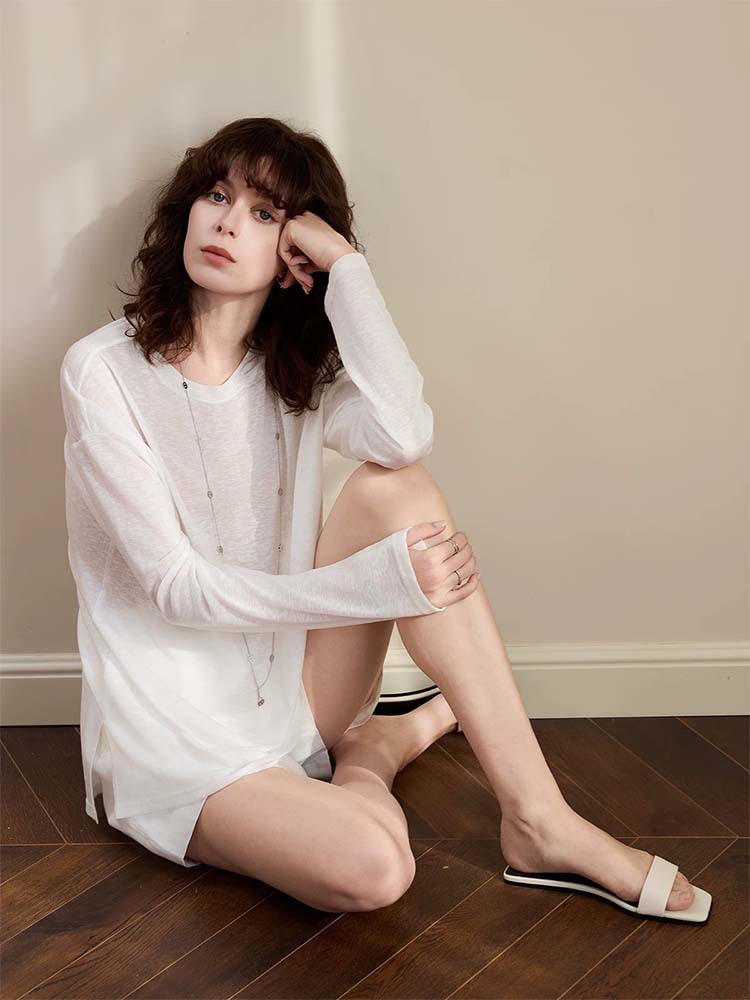 Four Beauties Minimalist row Tencel Fine Nude Feel deconstructed oversized bat sleeve slimming Sun Protection T-shirt for Women 7805 pic 34