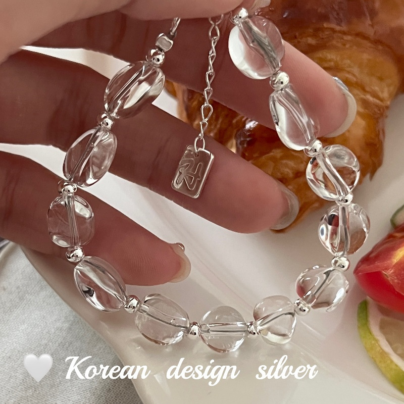 韩国Ins风设计银饰品批发 S925纯银随形白水晶手链叠戴简约气质女