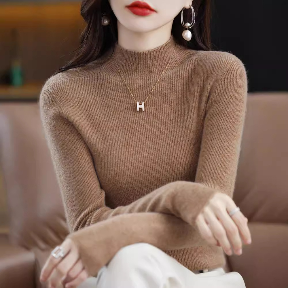 First-line ready-to-wear seamless semi-high-neck wool sweater, women's pullover, pull-out sweater, slim and versatile cashmere knitted base layer details Picture