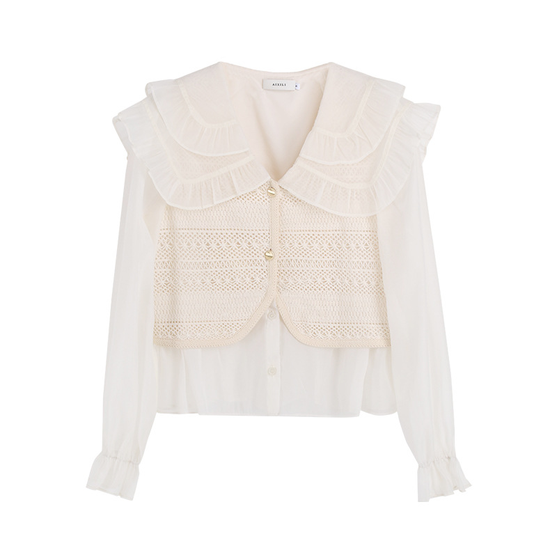Aisili 2022 Autumn Collection New bubble-sleeved lace top Korean style sweet fake two white shirts for women 7025 Item Picture