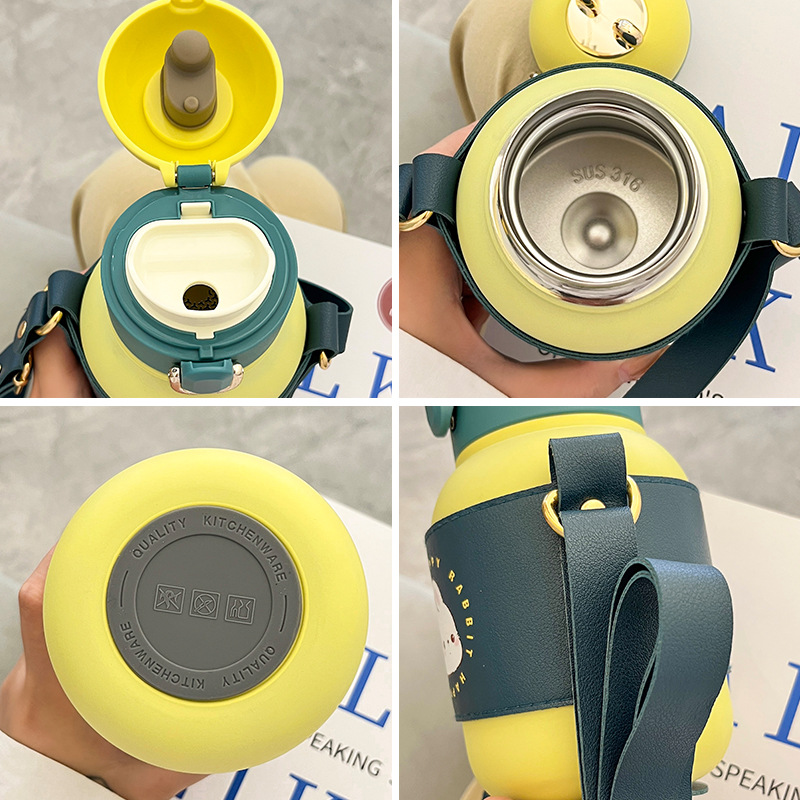 Wholesale of high-appeartion-level insulated cups for the Year of the Rabbit, children's stainless steel portable creative drinking cups for boys and girls, portable shoulder straps details Picture