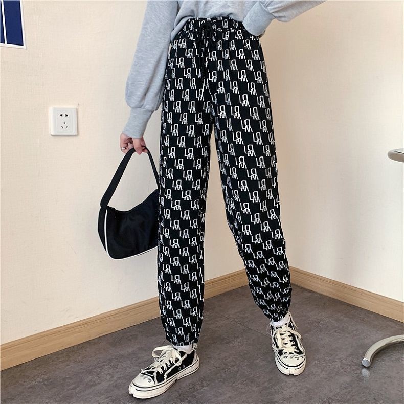 Casual skinny pants for women 2021 Summer new high-waisted white paired with letter-shaped pants, loose and slimming, nine-point Harem pants trend Specification image
