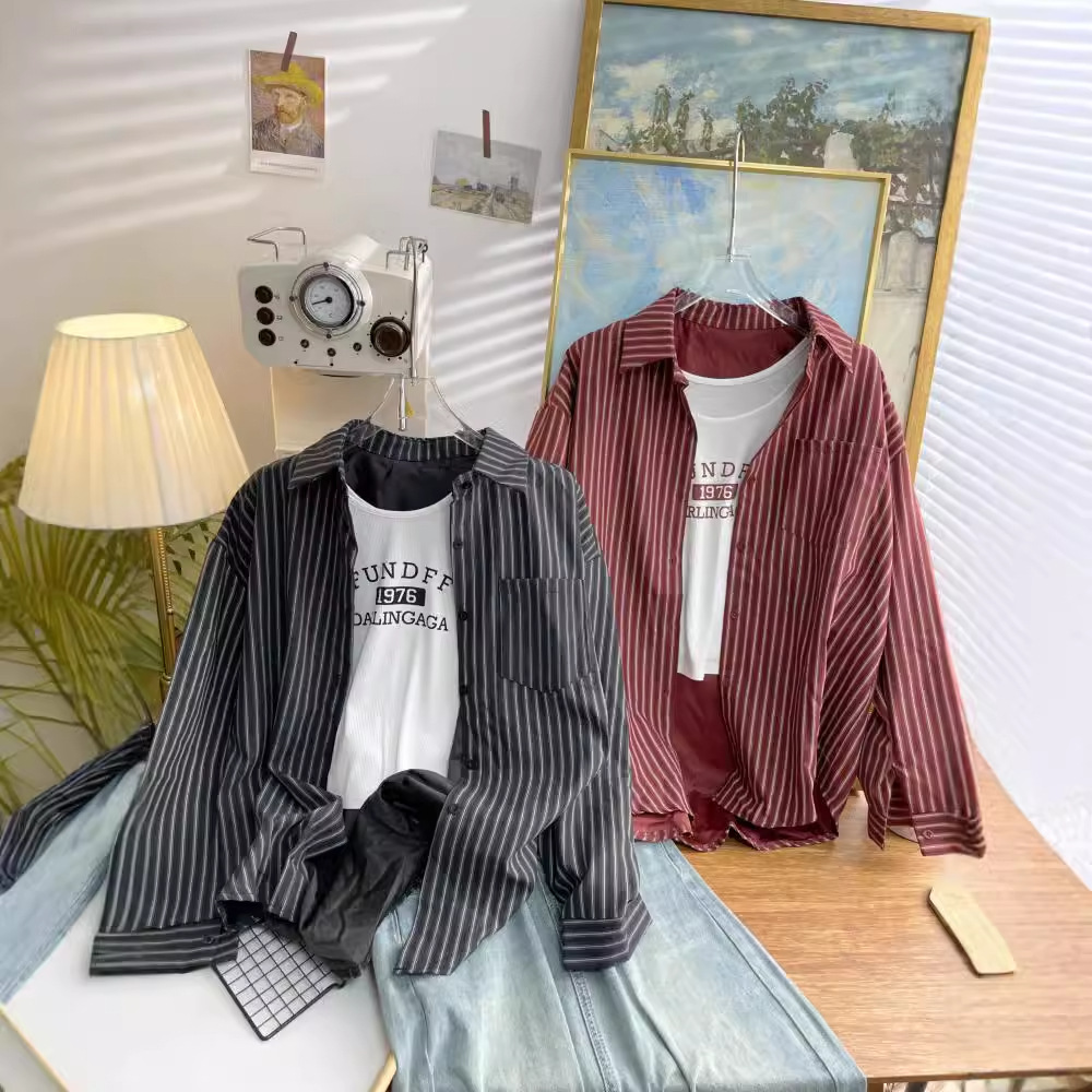 Dongdaemun, South Korea, early autumn new Korean-style vertical striped long-sleeved shirt for women, loose and casual, stylish shirt trend 4730 details Picture