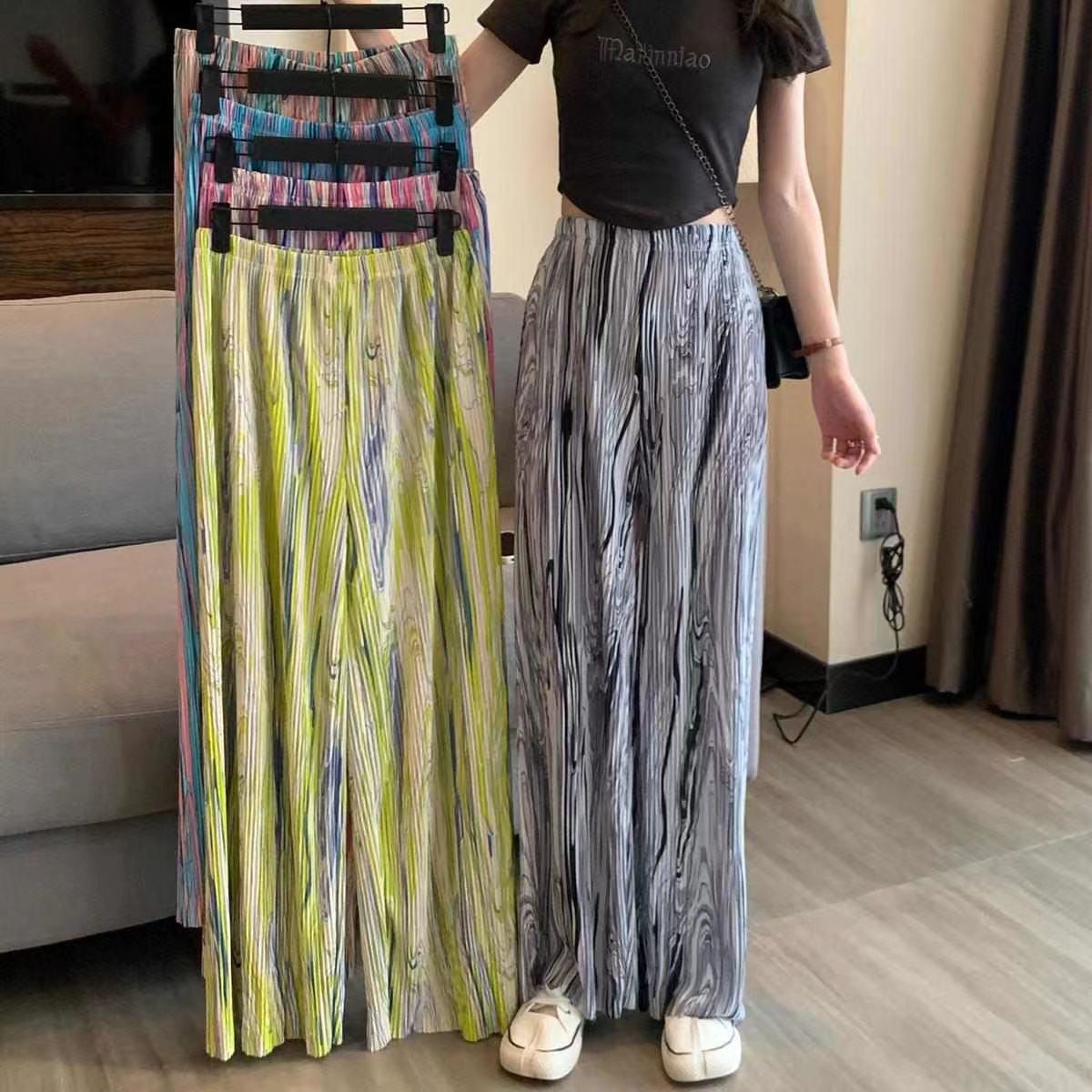 Ice silk pleated wide-leg pants for women, high-waisted and slimming Korean-style loose nine-inch pants, drape, water ripple color, casual long pants