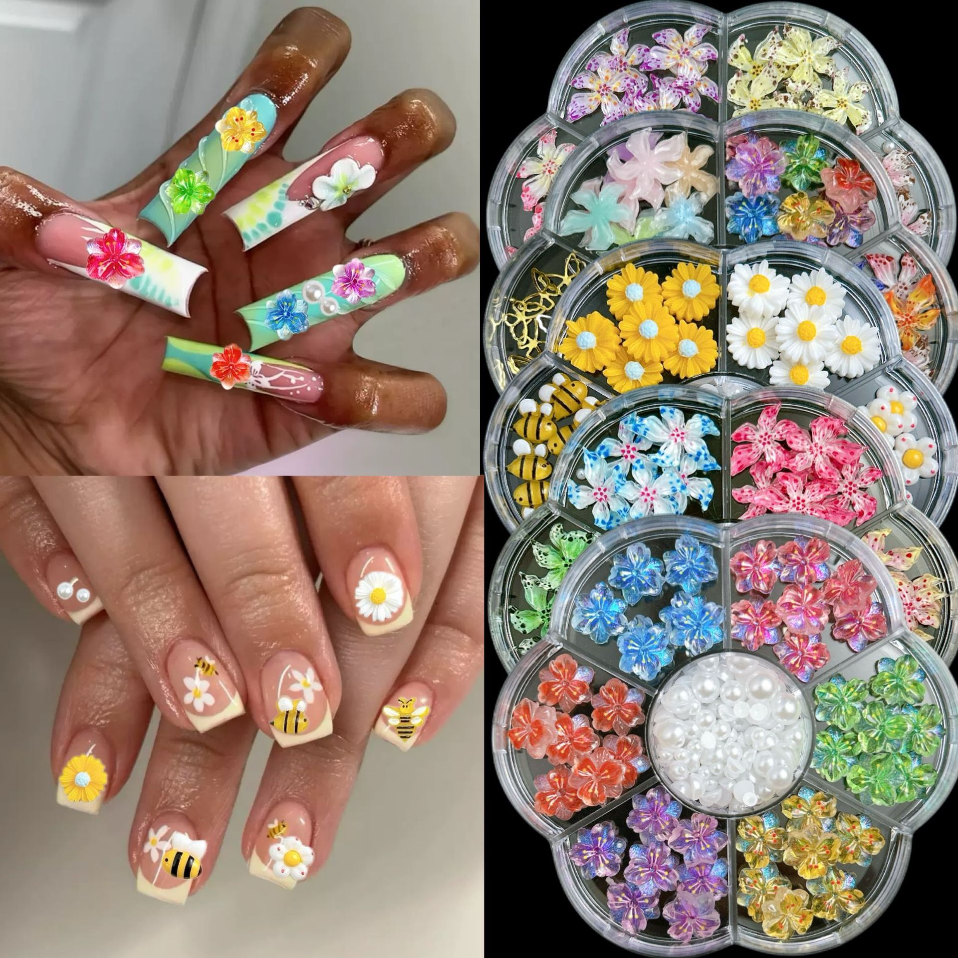7-compartment plum blossom box nail art accessory set, resin butterfly, bee, Daisy, flower, semi-circular pearl diy material set Application Scenario