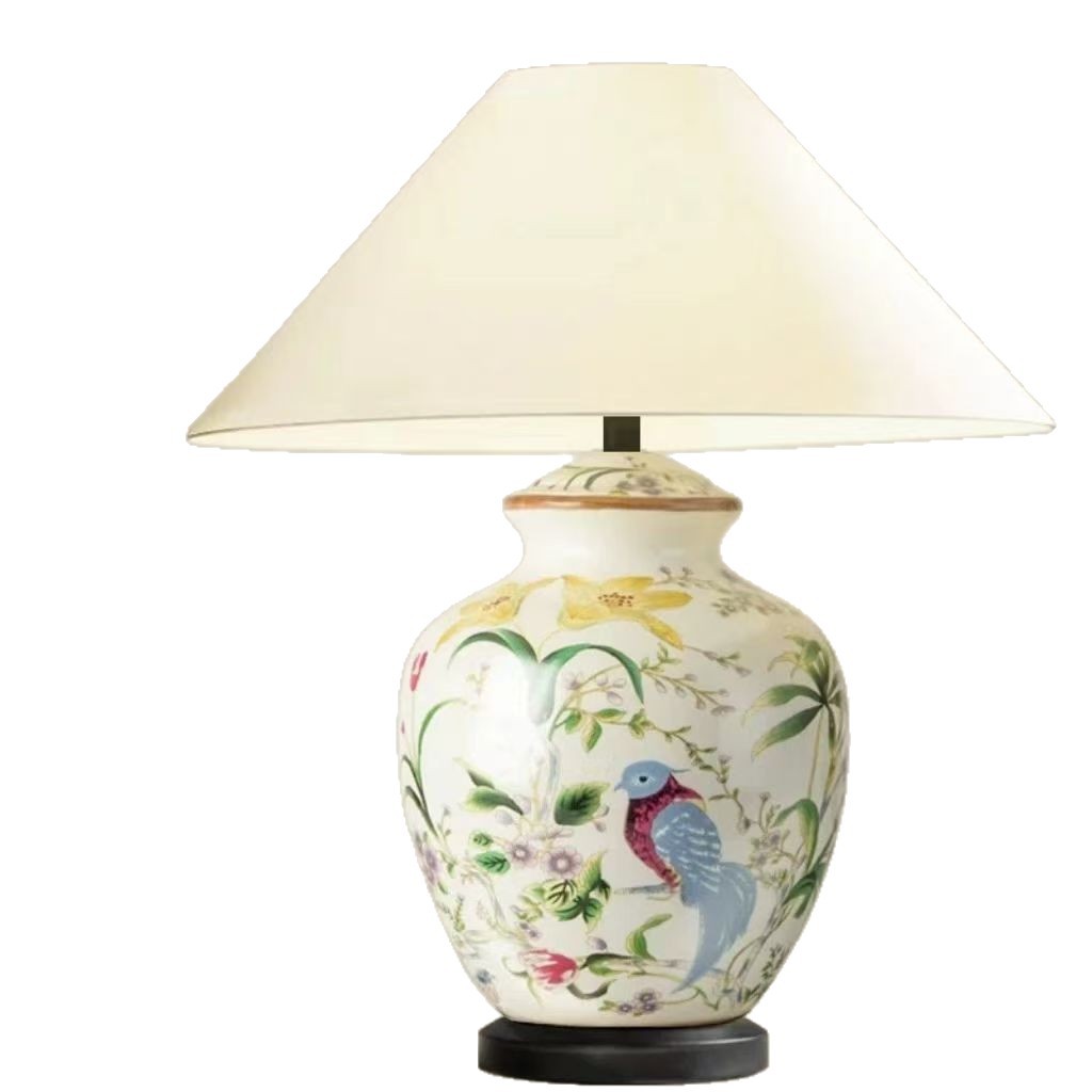 American country garden flower-and-bird table lamp, all-copper ceramic, simple and modern living room, bedroom bedside lamp, retro lighting fixture Item Picture