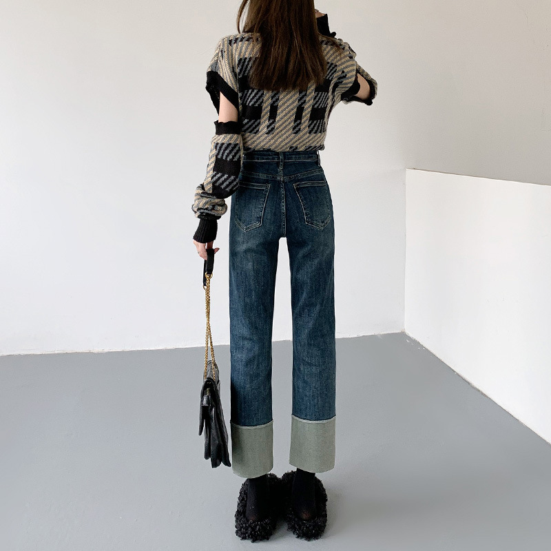 Spring new Korean-style retro color-blocking high-waisted straight-leg pants that make you look petite, 8-8 out of 10 skinny skinny jeans with a cigarette tube for women Application Scenario
