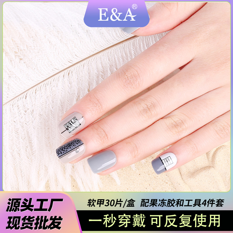 Wholesale of high-end, detachable handcrafted artificial nails and nail patches with a grey texture, exclusively for foreign trade