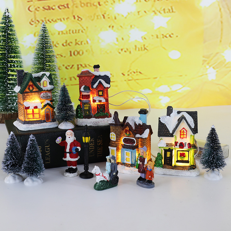 Cross-border new Christmas decoration resin small house micro-landscape resin house Christmas glowing small house set details Picture