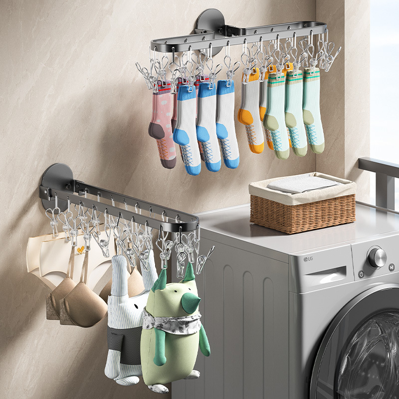 Hidden folding clothes drying rack, wall-mounted, no need for drilling, multi-clip, a multi-functional wonder for drying socks on the home balcony