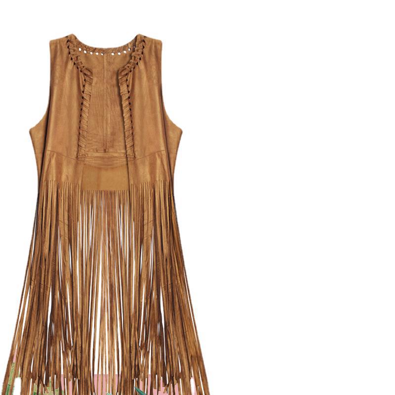 Spring and Summer new European and American style shawl suede fringed vest jacket for women, sleeveless mid-length waistcoat