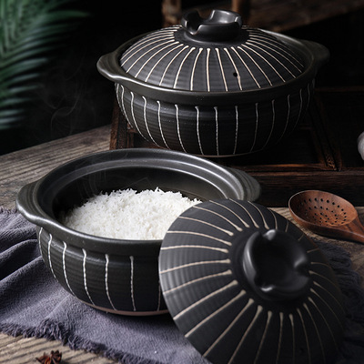 日式和风黑十草陶锅黑色砂锅炖锅家用明火燃气煲汤煮饭陶瓷土锅图