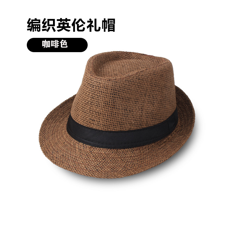 Summer Straw Solid Color Top Hat Jazz Hat Senior Men's Top Hat Breathable Sun Hat Grass Hat details Picture
