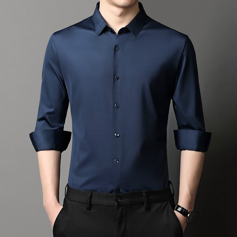 Solid color spring and autumn shirts, seamless and well-fitting, long-sleeved, lapel silk casual black men's shirts for middle-aged and young people
