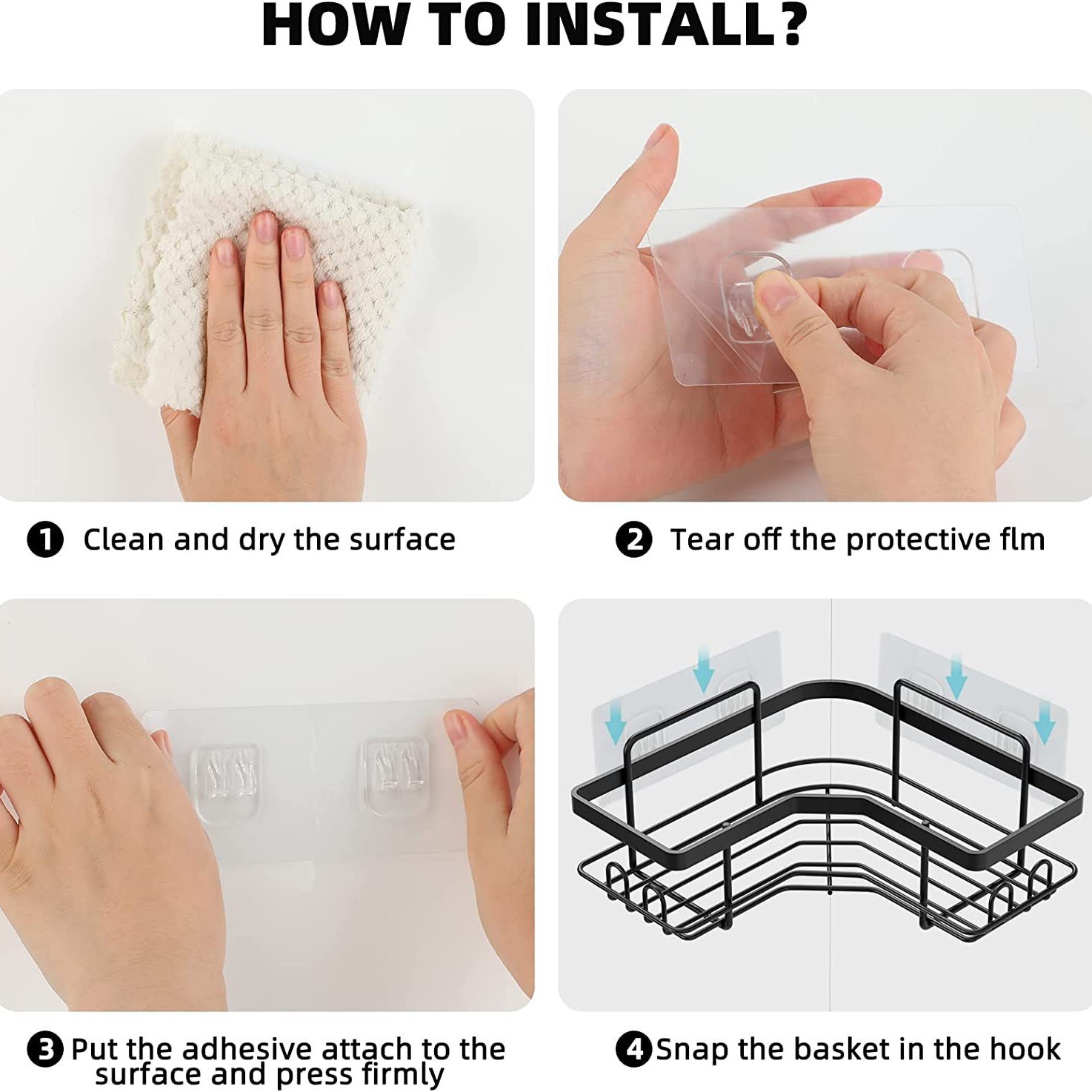 Cross-border bathroom storage rack without drilling, kitchen storage rack, triangular bathroom storage rack, toothpaste rack with hooks Application Scenario