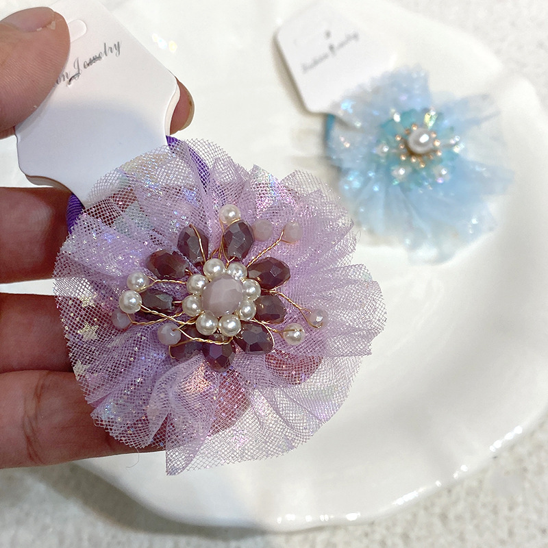 Korean Glitter Net Yarn Flower Hair Cord Sweet Girl Hair Cord Leather Band Hair Accessories Baby Hair Cord Hair Ring Headwear Wholesale details Picture
