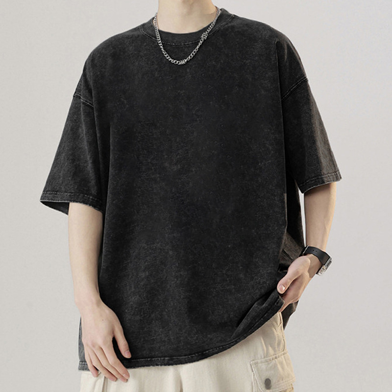 Cross-border heavyweight men's T-shirt, large-sized pure cotton short-sleeved T-shirt, men's retro washed distressed loose ruffled pure cotton body T-shirt details Picture
