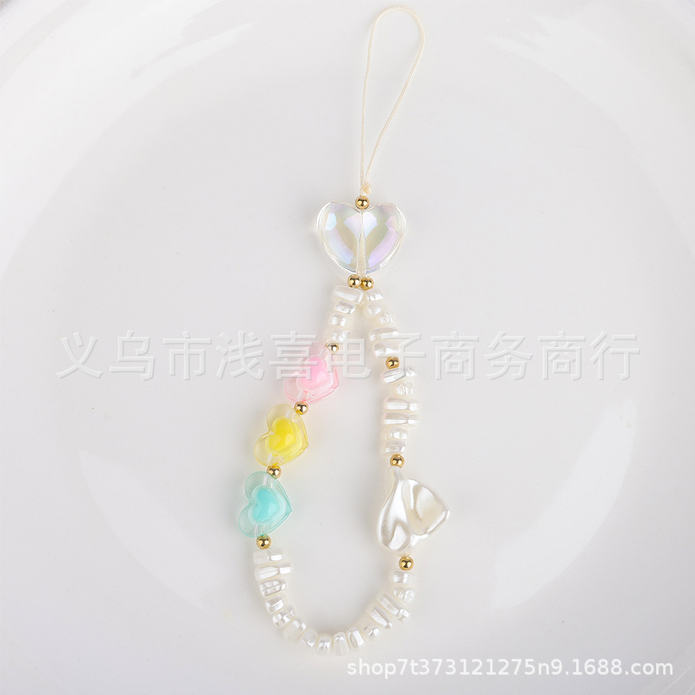 New European and American pearl bow heart-shaped mobile phone chain with beads, short mobile phone lanyard, wrist pendant, pendant and lanyard details Picture