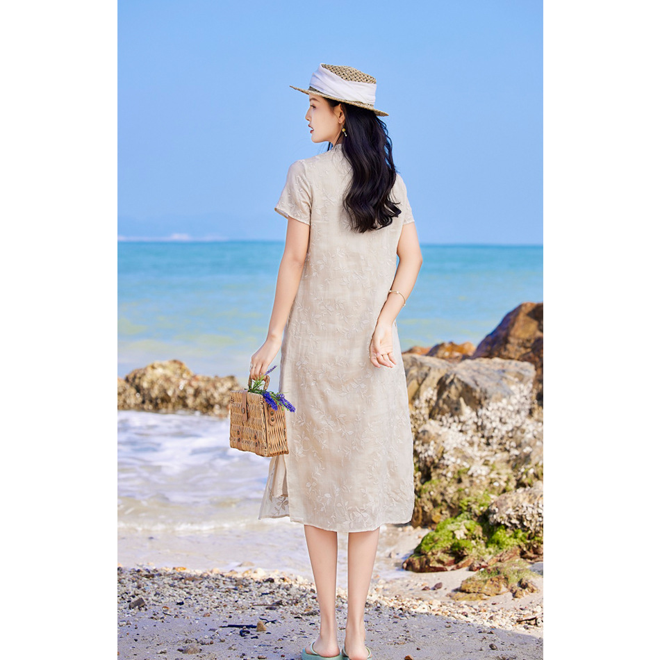 2022 Summer New Style ramie embroidery women's travel artistic stand-up collar short-sleeved mid-length dress for women details Picture