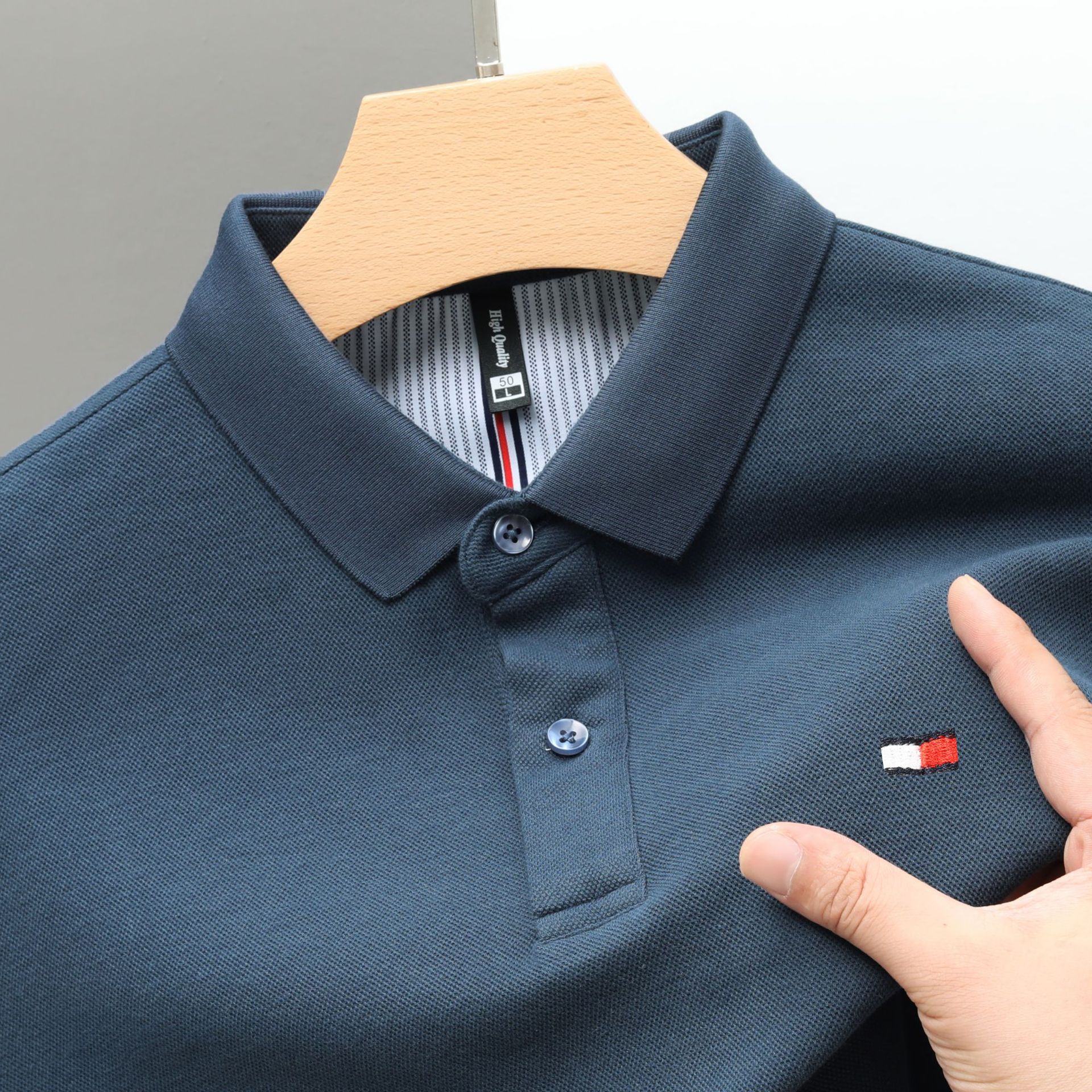 Cross-border pure cotton polo shirt for men, Spring 2025 new style lapel long-sleeved business casual breathable long-sleeved T-shirt for men details Picture