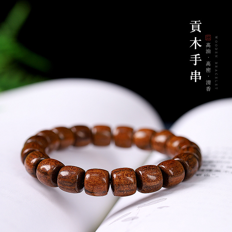 Natural Tribute Wood Full Of Dragon Scale Agarwood Single Circle Hand String Old Material Grade Papua Straight Cut Bucket Bead Play Hand String Wholesale details Picture