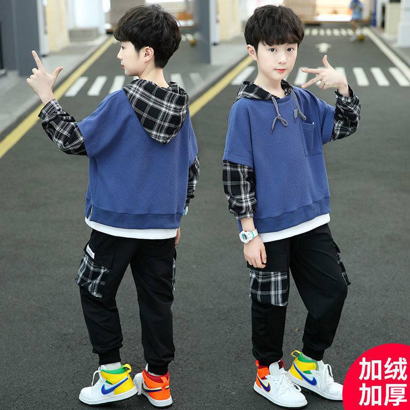 Boys' autumn and winter set, Children's 8 sports 9 Winter 10 fleece hoodie and long pants two-piece set, big boys' clothing for 12 years old details Picture