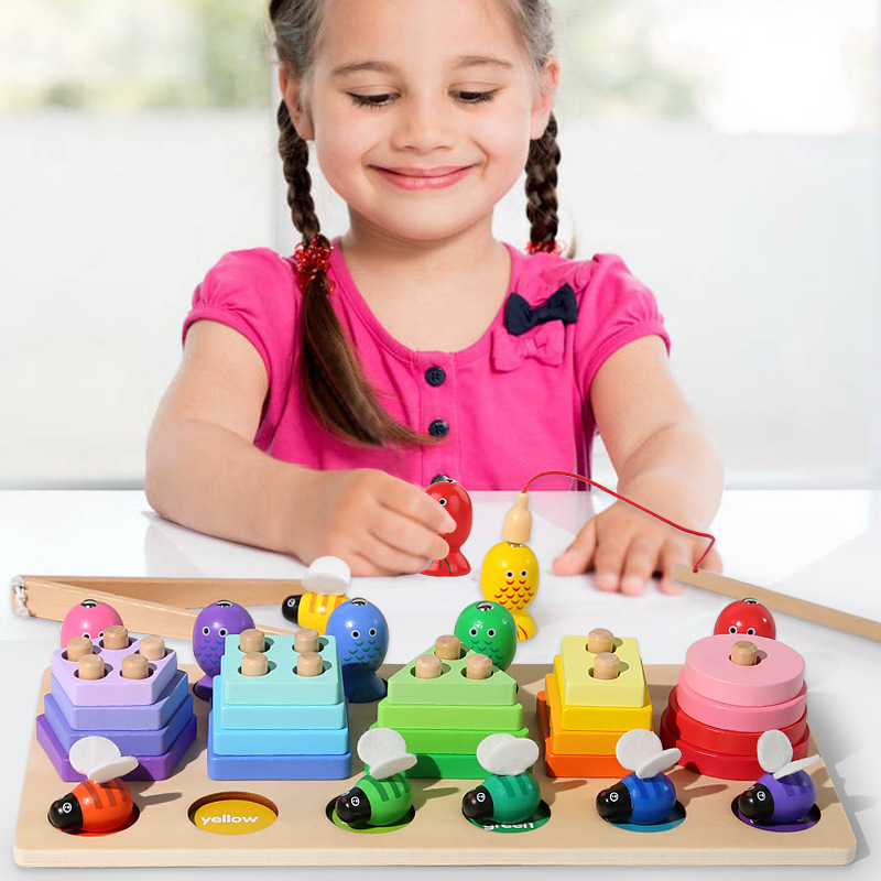Three-In-One Multi-Functional Fishing Pole Clip Bee Children's Early Education Educational Wooden Geometry Pole Game Toy With A Variety Of Geometric Pieces Creative Mosaic Mosaic Educational Toy Wooden Geometry Pieces details Picture