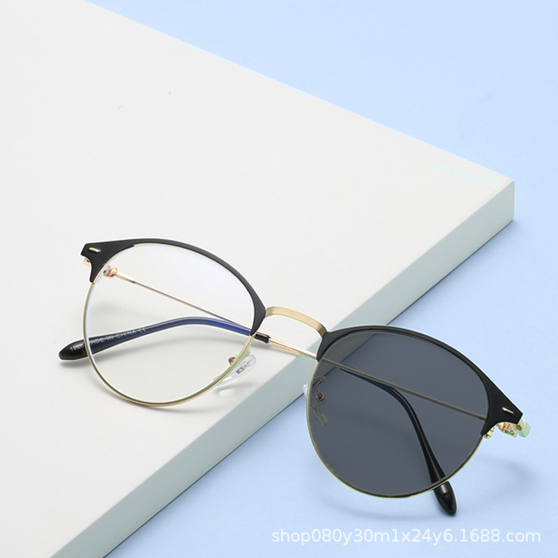新款防蓝光变色眼镜复古潮流超轻金属眼镜男女通用素颜平光镜图