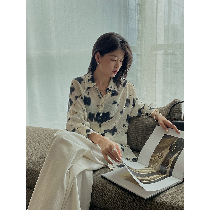 Su Yu Early Autumn 2022 New Lapel printed and Dyed Shirt Korean-style casual Loose long-sleeved shirt for women 2674 Specification image