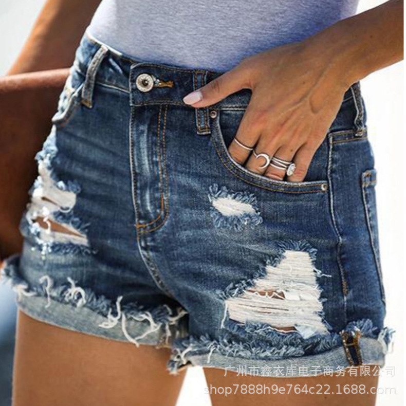 Foreign trade spot cross-border women's clothing 2021 European and American summer street trendsetters Ripped pocket shorts, three-color jeans for women Application Scenario