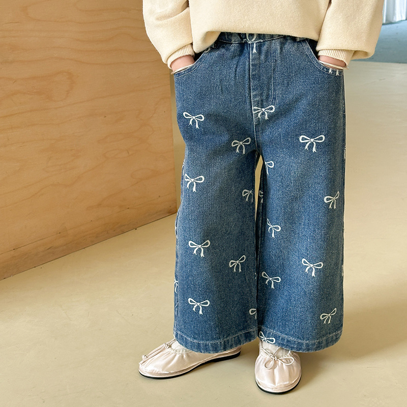 Girls' pants with bow print, wide-leg straight jeans, 2025 autumn new style, high-waisted loose for middle school girls Specification image