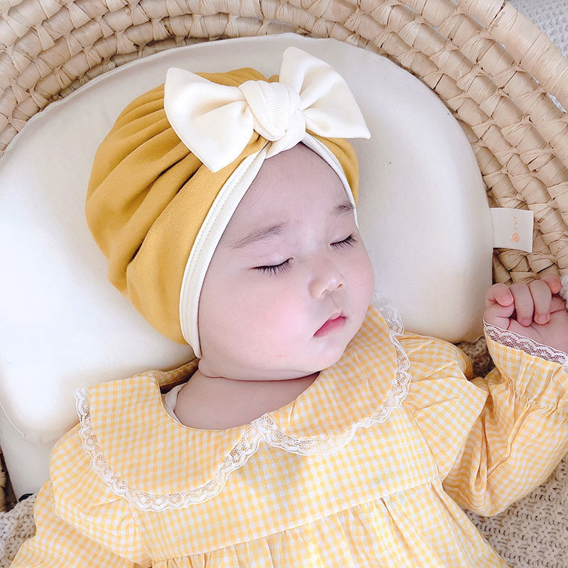 Baby hats for spring and autumn, cute bows for infants and toddlers, Korean princesses, baby girls, fontanelle protectors, cotton fetal hats for spring and summer