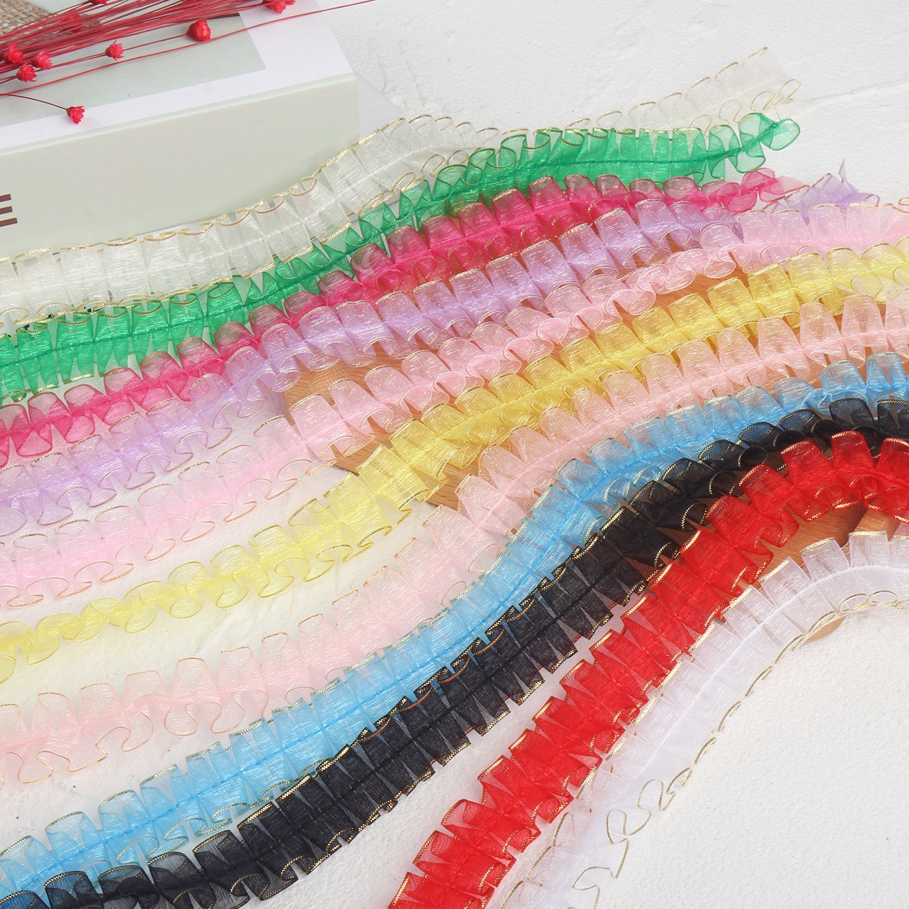 2cm double gold border snow gauze with center line pleated lotus leaf fish bone toy hair accessory, discounted lace