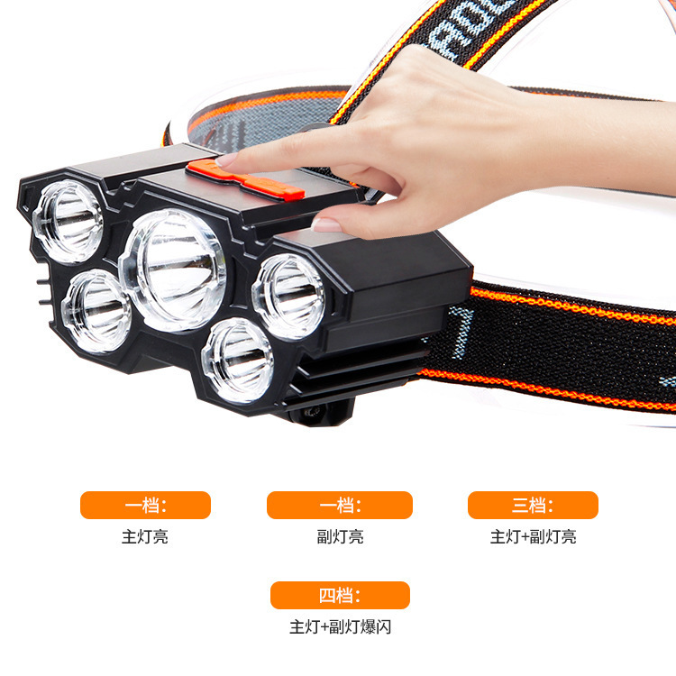 Cross-border led work 5-lamp headlight, camping ultra-bright headlight, USB strong light, outdoor head-mounted flashlight, wild fishing light Specification image