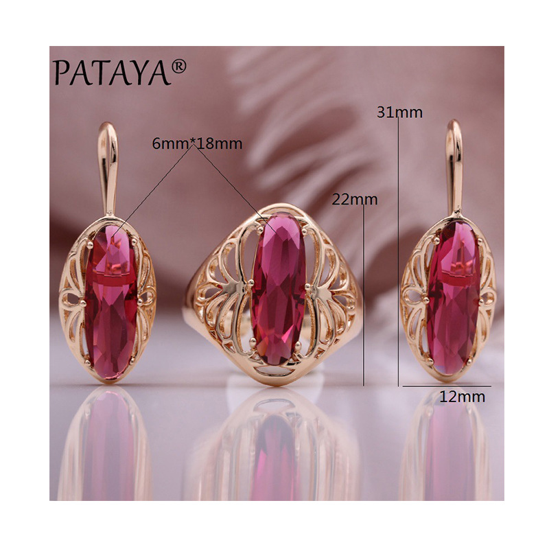 PATAYA585 rose gold electroplated earrings and rings, new long oval red zircon earrings and rings set Item Picture