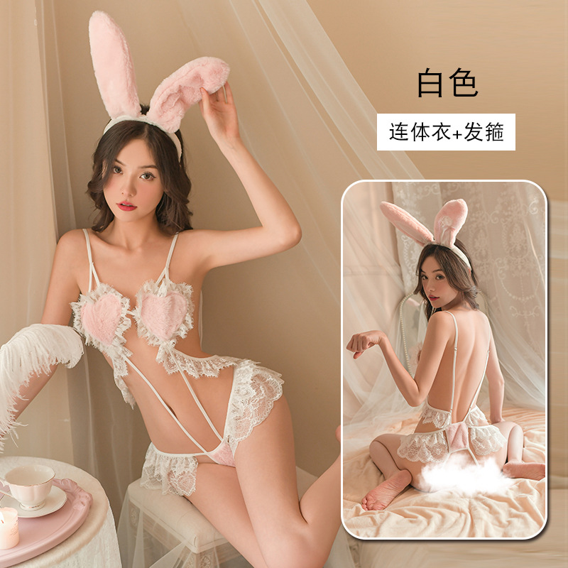 情趣内衣性感抹胸毛绒连体衣开档兔女郎免脱制服套装诱惑
