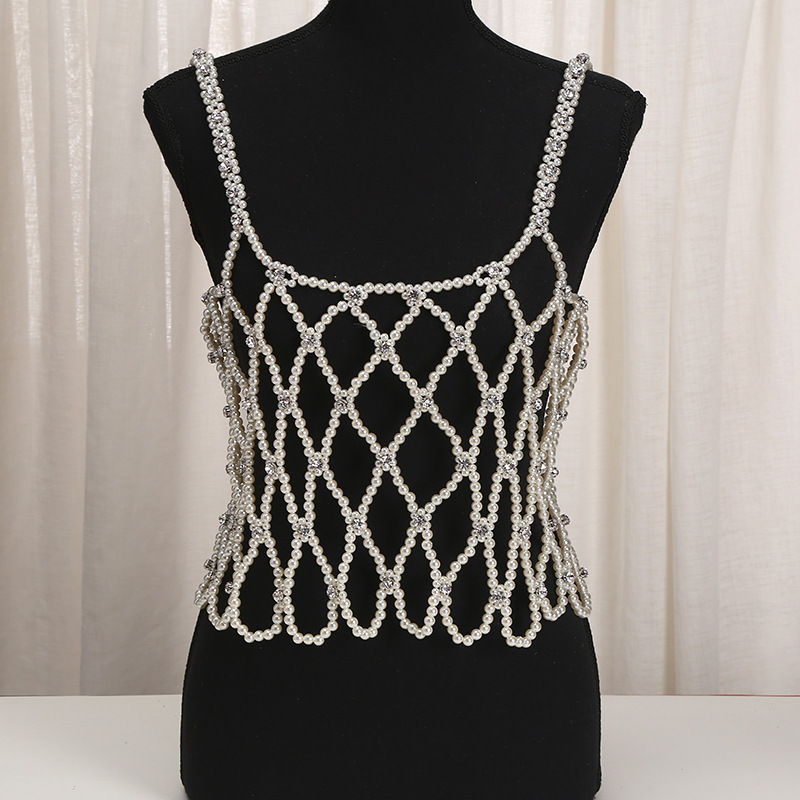 Amazon's new water diamond and pearl woven body chain dress, fashionable sweater chain, handcrafted beaded halter top