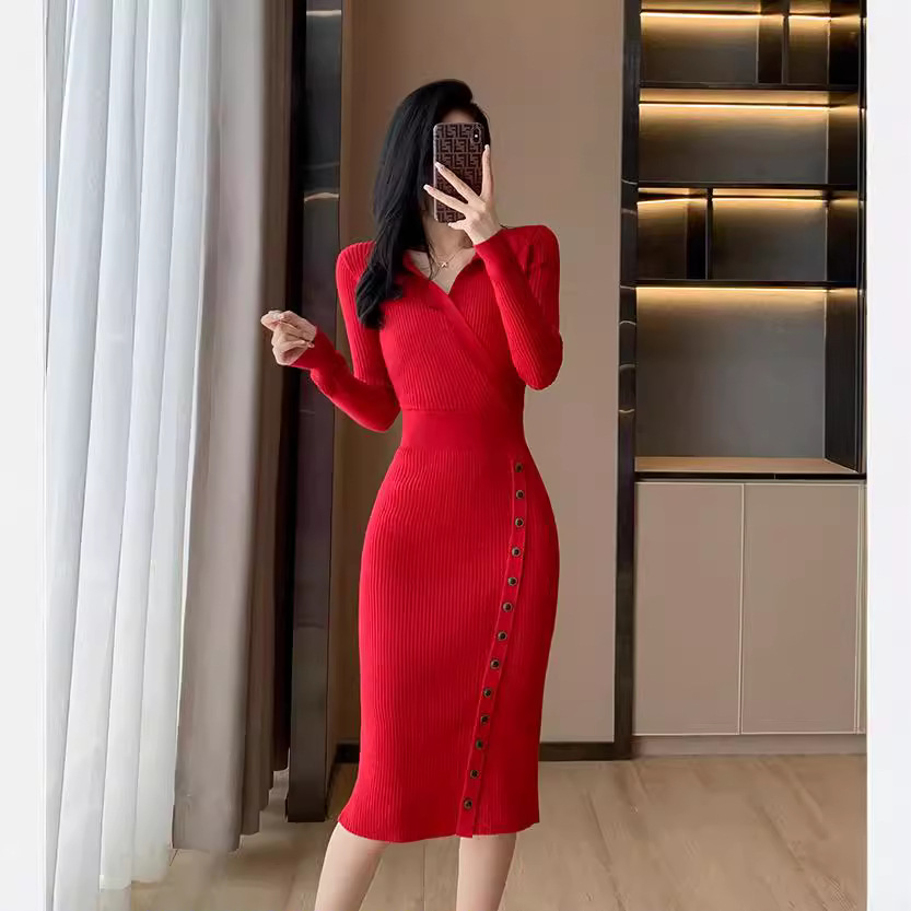 欧美时尚polo领针织连衣裙2024秋冬新款修身显瘦纯色包臀毛衣裙