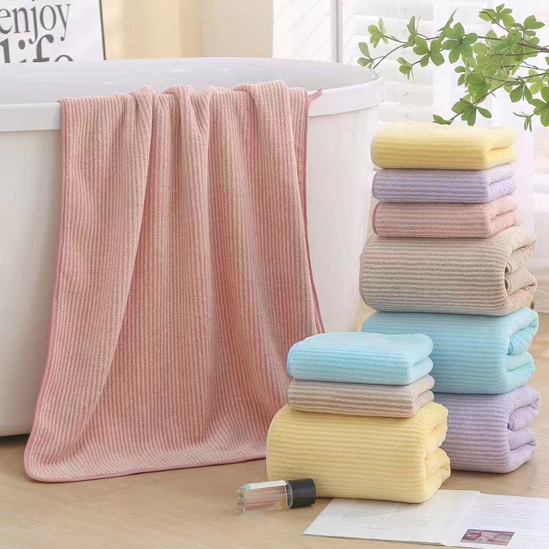【 Cross-border Supply 】 Wholesale of coral fleece bath towel sets with color stripe borders and household soft absorbent towels Specification image