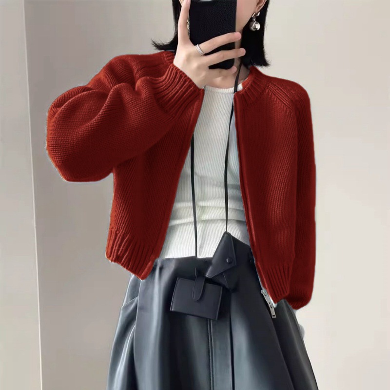 重磅加厚100纯羊毛开衫女秋冬圆领减龄毛衣百搭拉链针织打底外套详情3