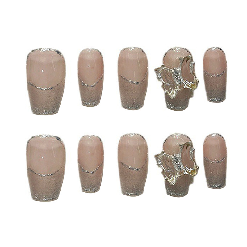 French Pure Desire Crystal Butterfly Wearing Nail Bare Powder White Ice Through Cat Eye Manual Light Therapy Nail Short Ladder Bride Nail Item Picture