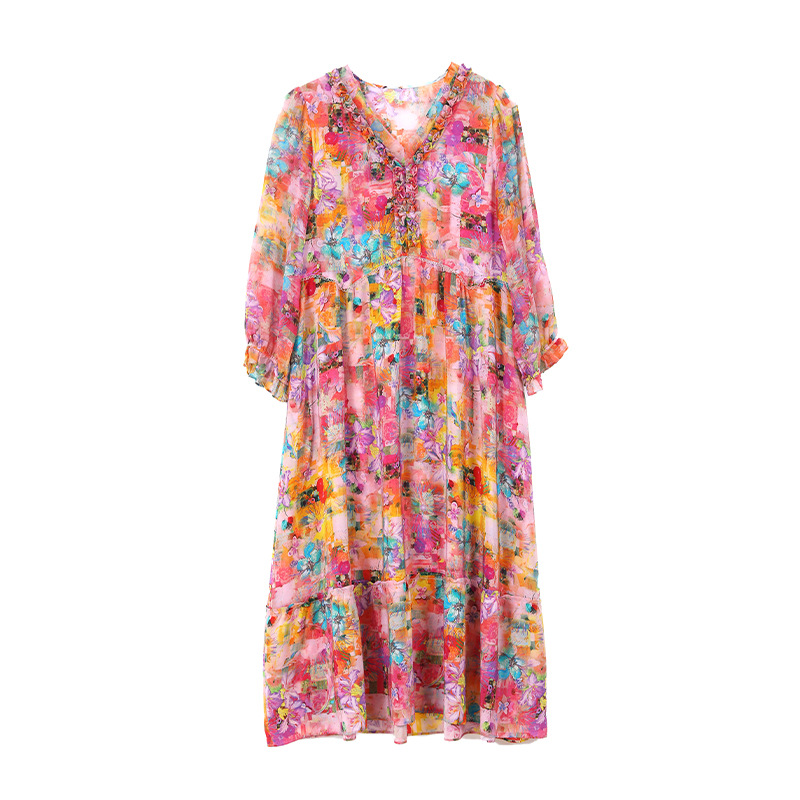 High Quality Plus Size Age Reduction Middle-Aged Female Mother Foreign Style Silk Dress Fashion Temperament Slim Mulberry Silk Skirt Summer Item Picture