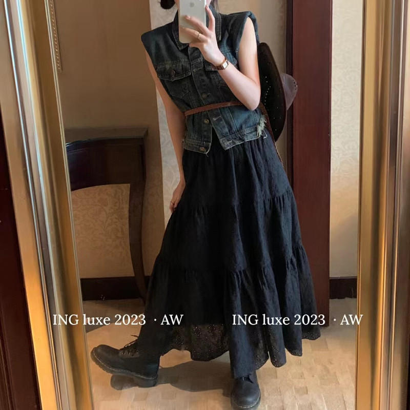 早秋上新2023年韩版勾花蕾丝甜美A字半身裙
