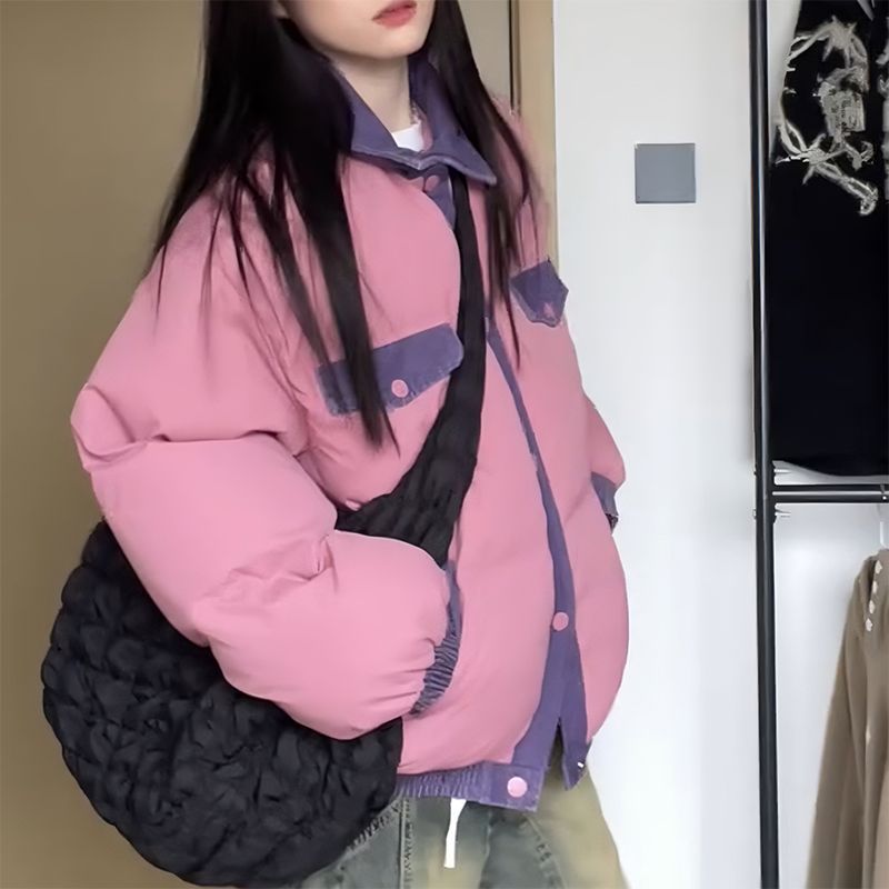 American Vintage Pink Patchwork Couple Cotton-Padded Coat For Men And Women Winter Loose Thick Bread Coat For Women Ins details Picture