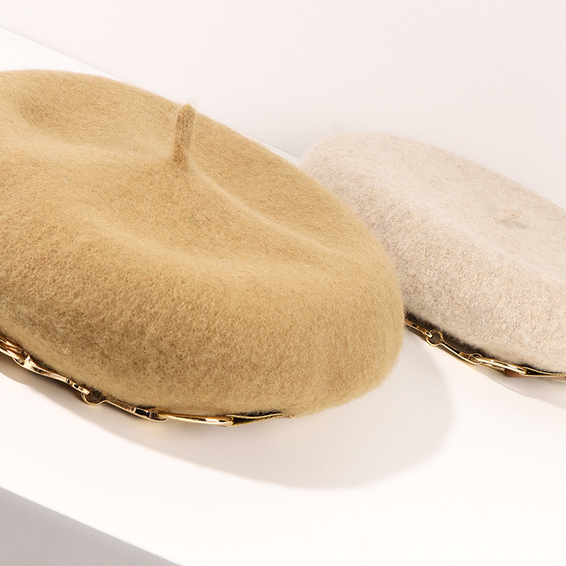 Hat female autumn/winter beret Lady leather buckle painter's hat wool bud hat warm hat factory stock Specification drawing