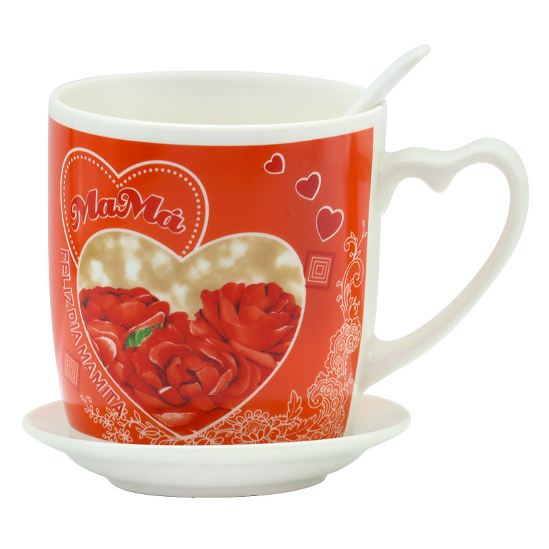 Cross-border Mother's Day special gifts, foreign trade Spanish Mother's Day ceramic mugs, household large-capacity water cups, handle spoon cup plate sets, Women's Day gifts for mom, supporting multiple languages, guest logo, factory direct sales Item Picture