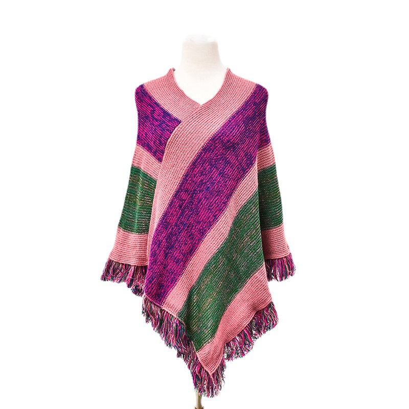 Comercio exterior chales transfronterizos chales pequeños europa y Estados Unidos mujer cuello V manga suelta jersey flecos capa rayada chal Specification image