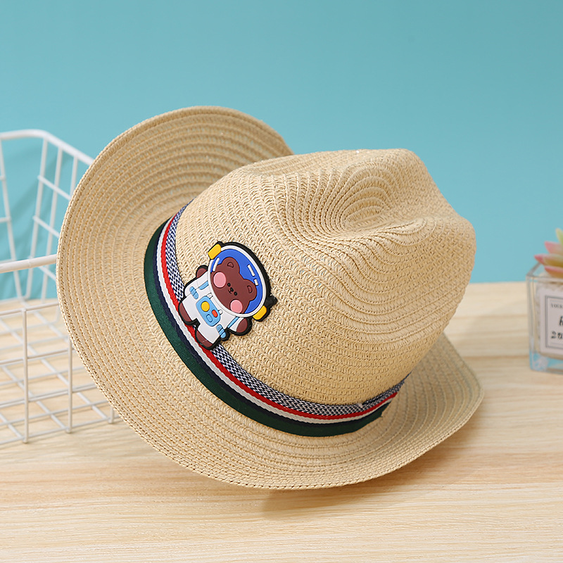 Spring and summer new children's sunshade denim straw hat, fashionable British style cartoon astronaut sun hat, tourist attraction hat Item Picture