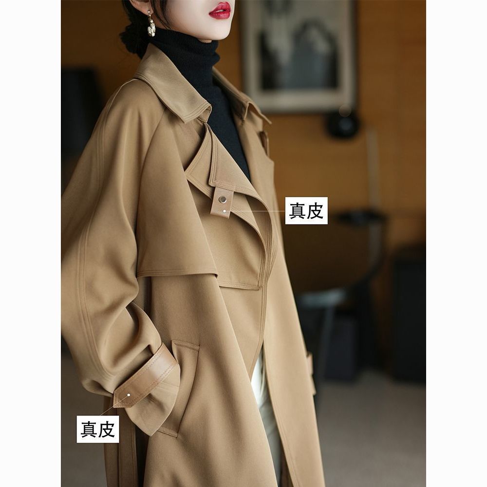 High-end and elegant long khaki trench coat for women in spring 2025, a loose, wrinkle-resistant and drape British style coat